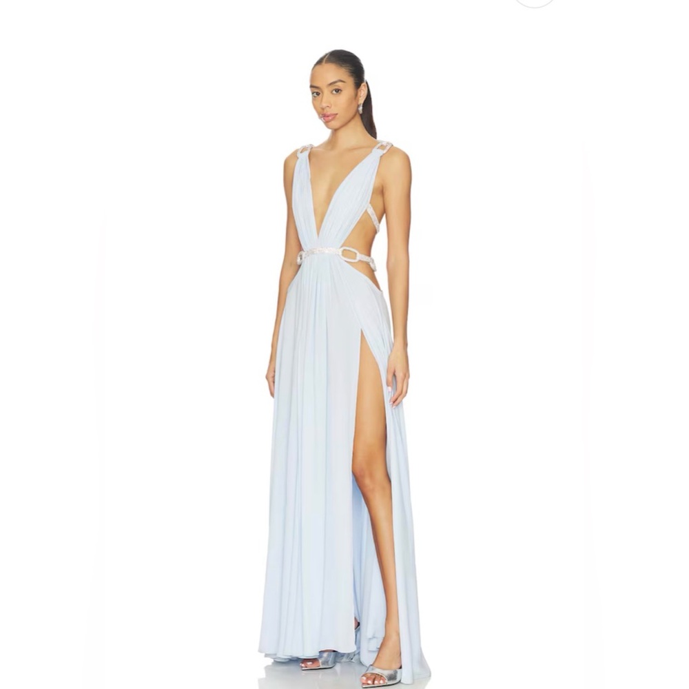 NEW Bronx and Banco Brielle Powder Blue Diamond Gown Elegant Plunge Cutout dress - Picture 6 of 17
